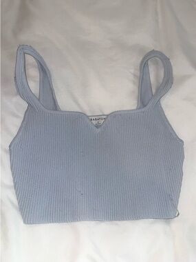 Babaton Pale Blue Ribbed V-Neck Crop Top